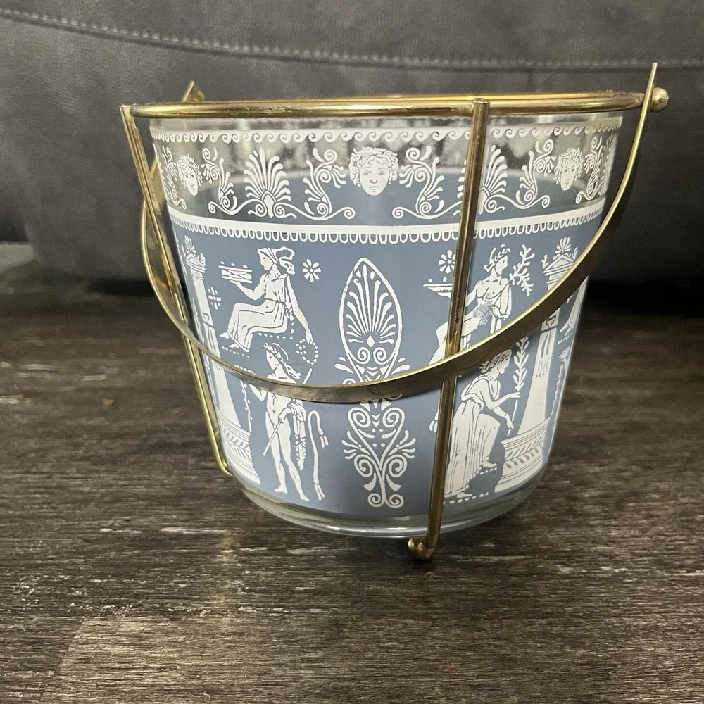 Vintage Jeanette Ice Bucket‎ Glass Greek Roman Blue White Brass Carrier MCM
